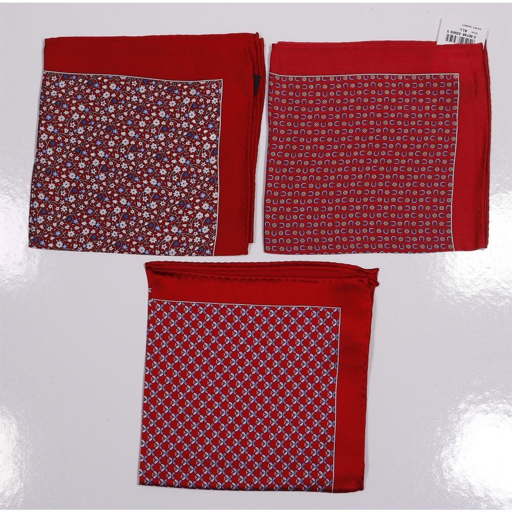 Lot of 3 Red Hand Rolled Silk Pocket Squares Floral Hoseshoes Butterflies New